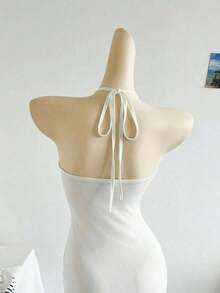 2026 Women's Romantic Gradient Mesh Knit Holiday Dress With Halter Neck, Bow And Decorative Metal Buckle, Mermaid Cut, Suitable For Parties, Dates, Afternoon Tea, Sexy And Elegant - 白色 - 查看 6