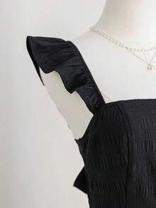 Vestido mini de mujer para vacaciones, de color caqui marrón, con textura de ramitas y hojas, de tela, con mangas de tipo gorro, espalda abierta y cintura con lazo, apto para fiesta, cita, té de la tarde, estilo bohemio, festival de música, carnaval, playa. - Negro - Ver 5