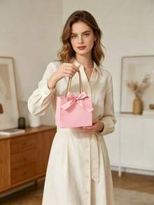 10个装/感谢礼品袋，带提手，尺寸约5.5 x 2.4 x 4.7英寸（约14.9 x 6.9 x 11.9厘米），金色箔纸小纸袋，带蝴蝶结丝带，适合圣诞节、婚礼、生日等场合（粉色） - 查看 4