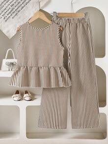 Left Mama Tween GirlsCasual Asymmetrical Ruffle Sleeveless Striped Top And Straight Pants Set, Summer - Brown - View 3
