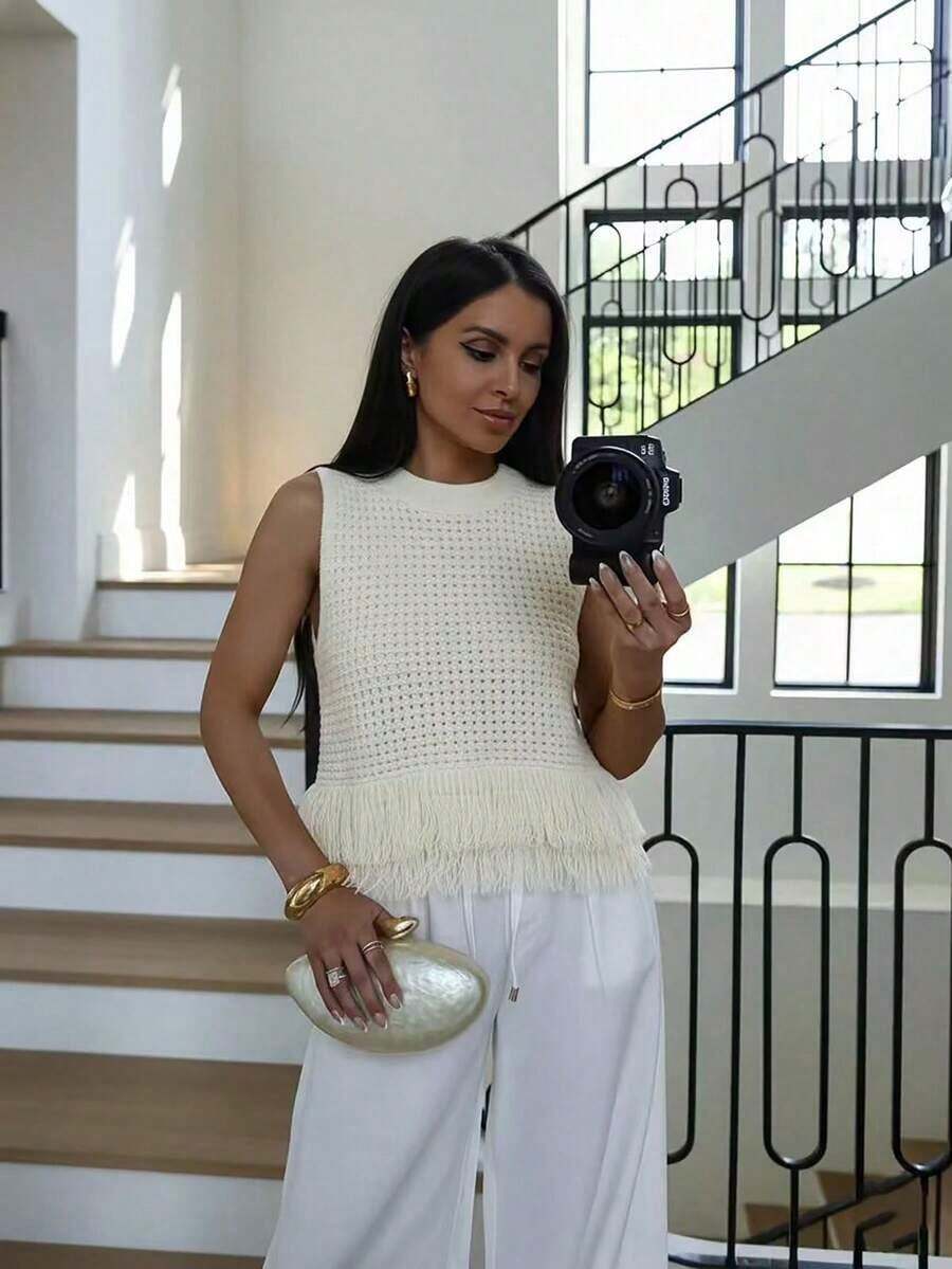 Top de punto sin mangas de cuello redondo de unicolor, versátil para el verano - Beis - Ver 1