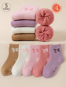 5 Pairs Girls' Mid-Calf Socks, White, Pink, Coffee, Purple Solid Color, Cartoon Letter, Bow Design, Autumn/Winter, Soft & Warm Thick, Simple Style, Cute & Fashionable, Versatile For Daily Wear - Multicolor - View 12