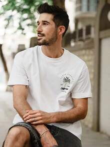 Vintage Coastal | Neues kurzärmeliges Herren-Sommer-T-Shirt mit Rundhalsausschnitt, Kokosnussbaum- und Schriftzugmuster, lässige Urlaubskleidung, Sommeroberteil - Weiss - Übersicht 5