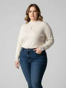 Vivi Women's Plus Size Wool Sweater For Cold Weather, Basic Knit, Long Sleeve - 米色 - 查看 3