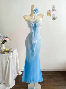 2026 Women's Romantic Gradient Mesh Knit Holiday Dress With Halter Neck, Bow And Decorative Metal Buckle, Mermaid Cut, Suitable For Parties, Dates, Afternoon Tea, Sexy And Elegant - 米色 - 查看 7