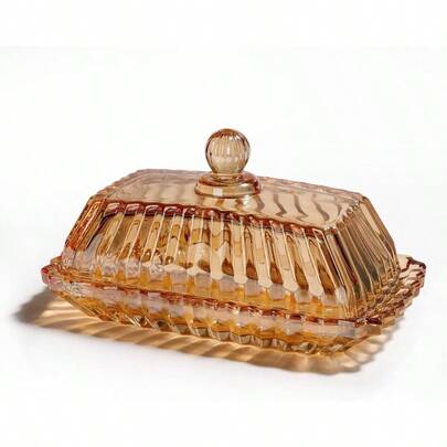 Vintage Amber Glass Butter Dish With Lid - Color Covered Butter Container Holder Tray Plate For Tabletop Countertop & Refrigerator | Holds 1 Standard 4oz Butter Sticks