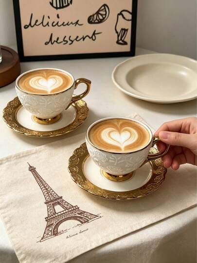 1 Set Rose Embossed Coffee Cup & Saucer Set, Part Of English Afternoon Tea Set, With Handle, Heat-Resistant Structure, Gold-Plated Decoration. Suitable For Enjoying Espresso, Turkish Coffee, Cappuccino, Milk, Oat Milk, Tea And Juice. Applicable For Restaurants, Cafes, Home And Office. An Excellent Gift For Family, Friends And Loved Ones, Also Suitable For Father's Day, Teacher's Day, Graduation Season And Mother's Day.