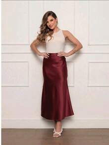 Women's Elegant Casual Satin Midi Skirt - 酒紅色 - 查看 1