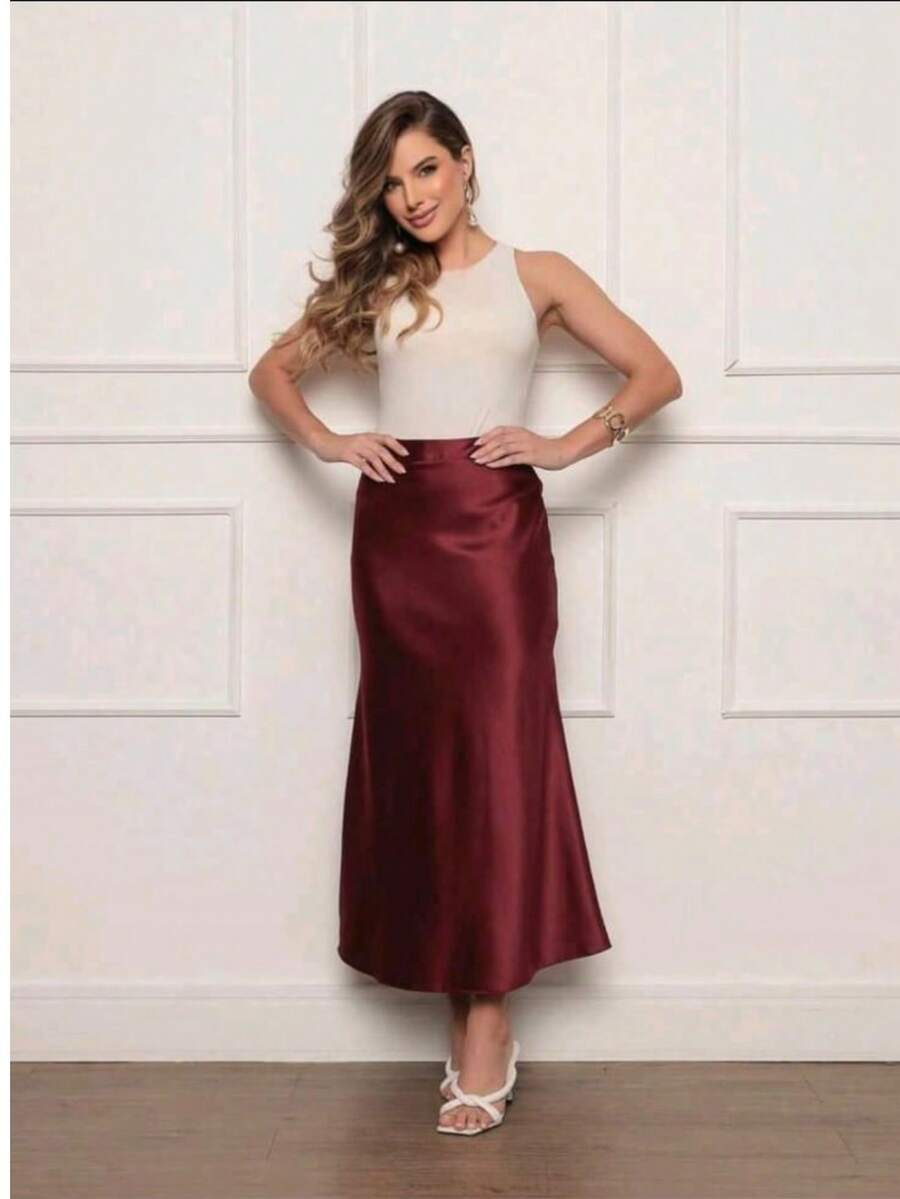 Women's Elegant Casual Satin Midi Skirt - 酒紅色 - 查看 1