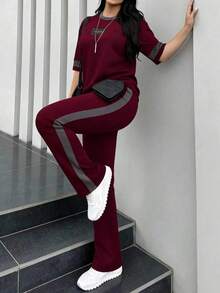 2 piezas Conjunto de camiseta de manga corta de cuello redondo y pantalones sueltos de cintura elástica para mujer, uso diario casual elegante de verano en color negro - Borgoña 199 - Ver 6