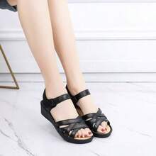 Women's Summer Sandals - Casual Solid Color, Breathable Hollow-Out Design, Hook And Loop Closure, Flat Heel Beach Shoes, Multifunctional Flat Sandals | Comfortable Fit - Black - View 4