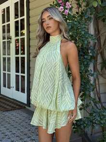 Vestido mini elegante de gasa con lazo  en color amarillo mantequilla para mujer, vestido para citas, vestido para para mujer, atuendos para luna de miel, vestido de invitada de boda, atuendos para vac - Verde - Ver 3