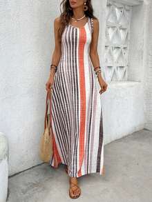 Vestido ajustado con bolsillo dividido de estilo de vacaciones de verano para mujer en color naranja - Multicolor - Ver 3