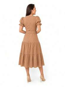 Women's 3-Marias Midi Dress In Elegant Cotton Lace With Belt And Ruffled Hem - Casual Fashion - For Dating Or Weddings - 駝色 - 查看 5