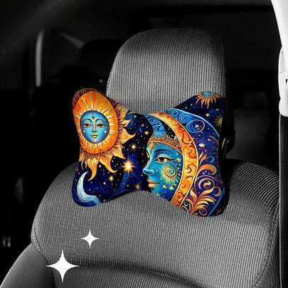 1 pieza/2 piezas Funda para reposacabezas de coche con estampado celestial, hecha de poliéster y fibra de polipropileno, almohada para el cuello del coche, accesorios de interior del coche, adecuada para todas las estaciones Almohada de hueso