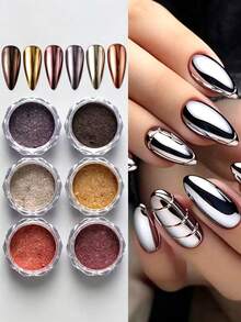 12pcs/Set Elegant Golden Metallic Nails Glitter Magic Mirror Powder Autumn Winter Reflective Glitter Dust Y2K Luxury Design Nail Art Decoration Festive Manicure - Multicolor - View 3
