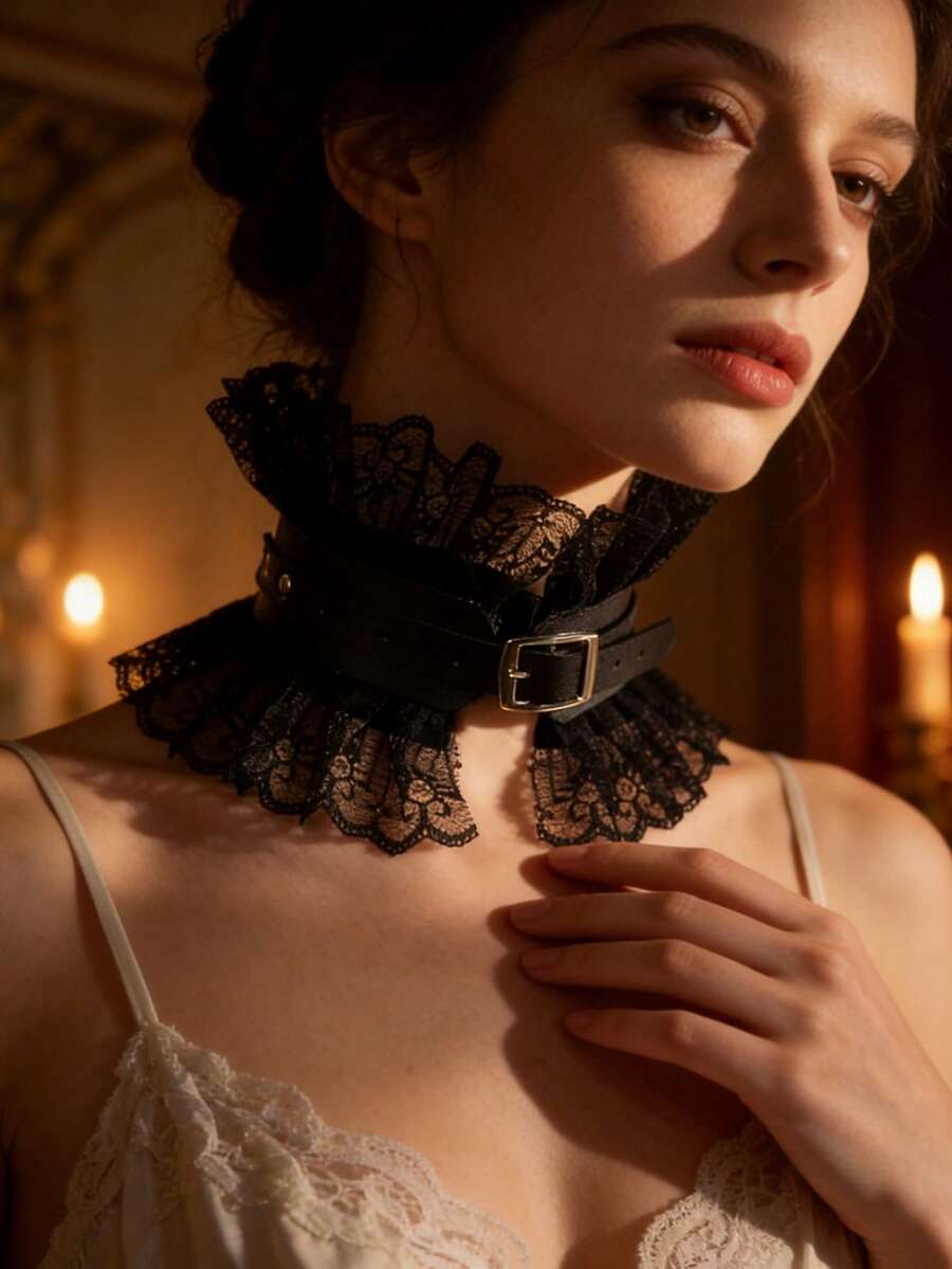 1pc Women's Retro Princess Style Faux Leather Floral Lace Ruffle Collar Gothic Victorian Choker Necklace, Suitable For Christmas, Carnival Party - Black - View 1