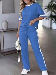 Conjunto de 2 piezas para mujer de primavera/verano, top de manga corta de cuello redondo y contraste de color casual y versátil, y pantalones rectos de cintura alta con cordón - Lago Azul 69 - Ver 3