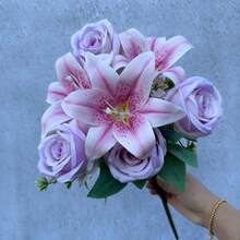 Ramo de colores de primavera: rosas y lirios mixtos de 9 varillas con rosas - Flores de corte fresco para decoración del hogar, boda, aniversario, regalo-G JDI2 - Naranja - Ver 10