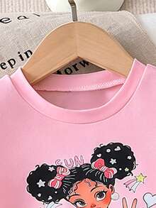 2pcs Baby Girls' Casual Fashion Spring/Autumn Outfit Set, Cartoon Girl Portrait & Letter Print, Plaid, Striped Puff Sleeve Knit Top, Denim-Effect Elastic Waist Flare Pants With Bow Decor - Pink - View 3