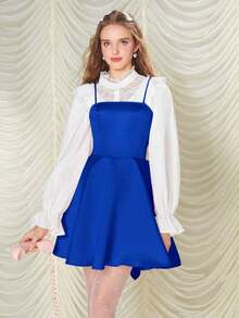 Vestido de tirantes elegante de unicolor y simple para uso diario de mujer - azul real - Ver 5