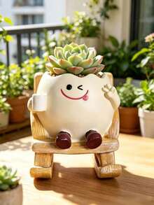 1pc Cute Egg-Shaped Succulent Planter With Rocking Chair, Resin Smiling Face Plant Pot, Funny Cartoon Flower Pot Suitable For Indoor Home, Balcony, Desktop Decoration, Gardening Gift - Multiple Styles - View 7