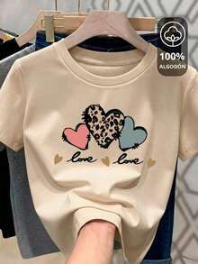 1 Piece Fashionable Casual Graphic T-Shirt For Men And Women With Heart And Lettering Motif For Women. Versatile, Easy To Match, Suitable For Daily Wear, Street Style, Vacation Wear, Weekend Wear. - 杏色 - View 1
