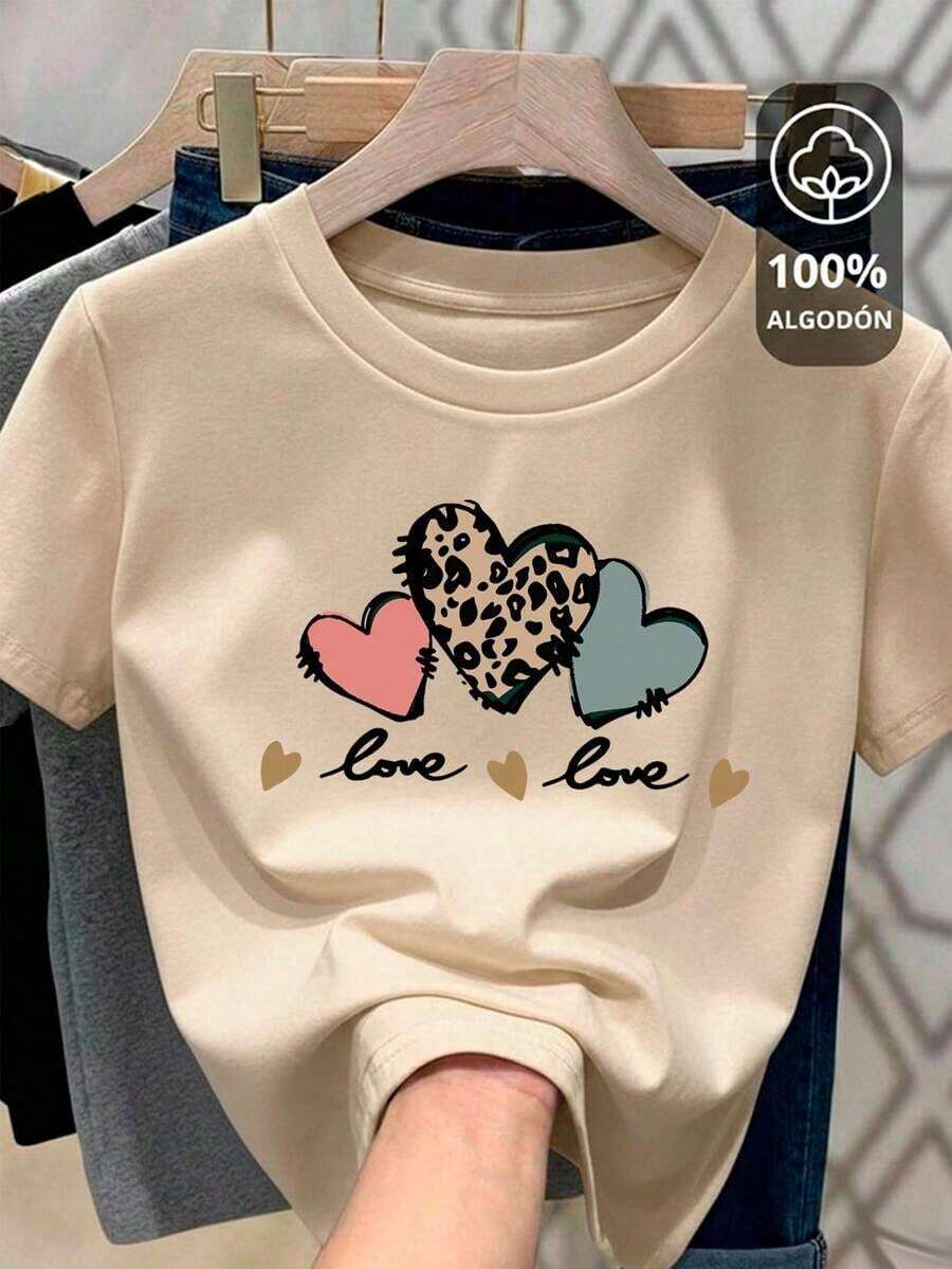 1 Piece Fashionable Casual Graphic T-Shirt For Men And Women With Heart And Lettering Motif For Women. Versatile, Easy To Match, Suitable For Daily Wear, Street Style, Vacation Wear, Weekend Wear. - 杏色 - View 1