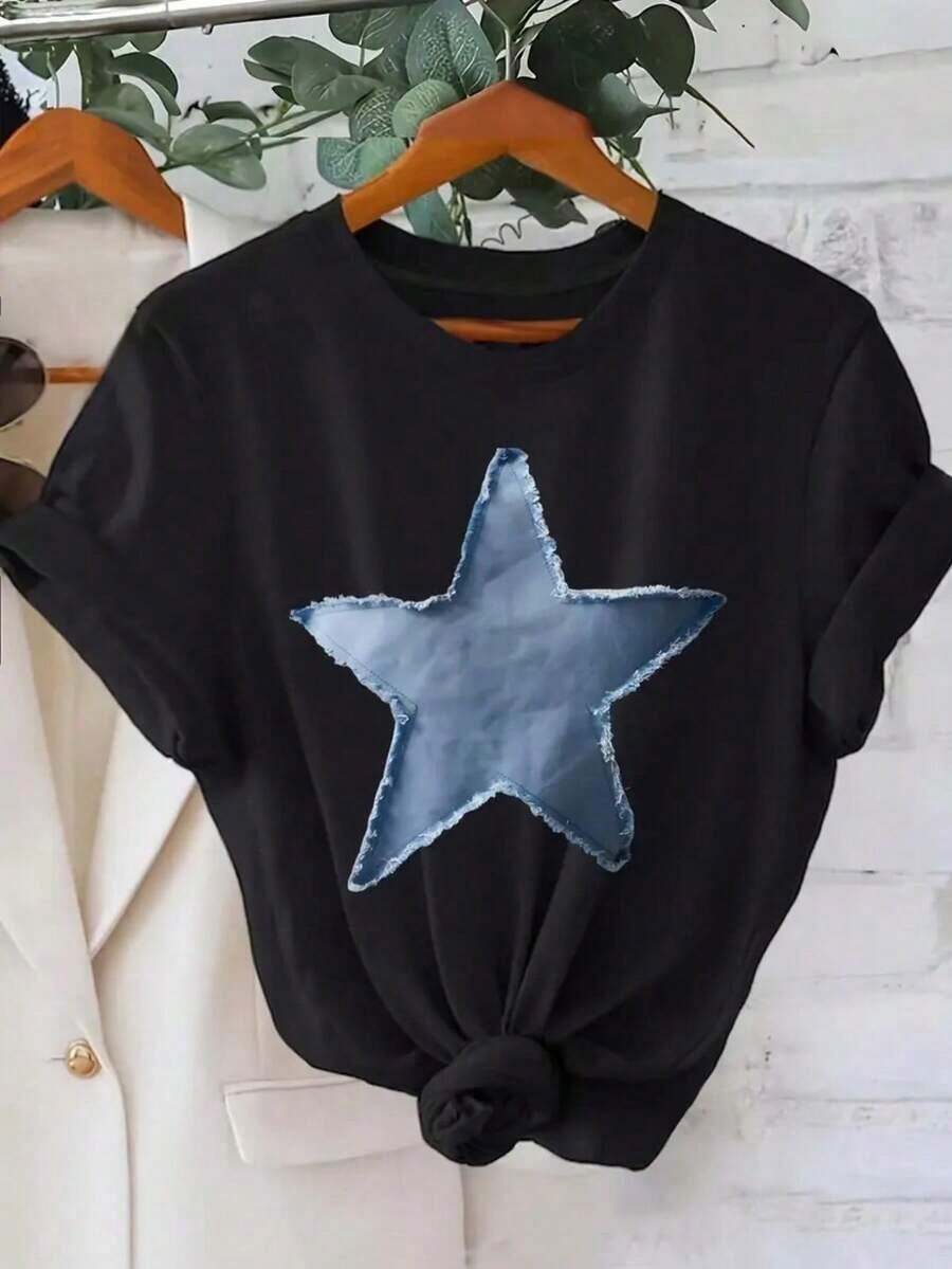 Nueva camiseta de cuello redondo para mujer, manga corta, holgada, casual y versátil con ‌ estampado de estrellas ‌ , tejido suave y de buena caída - Negro 2 - Ver 1