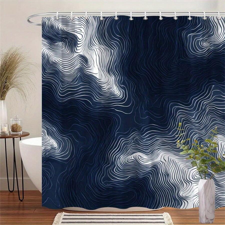 1pc Abstract Blue Marble Shower Curtain - Hypnotic 3D Effect, Undulating Waves In White & Dark Blue, Navy Background, Machine Washable Polyester, 70.86x70.86 Inches, 12 Hooks, Bathroom Decor, Elegant Design, Smooth Texture - A - View 1