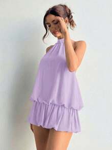Women's Casual Summer Dress With Halter Neck, Solid Color And Ruffles At The Hem - Khaki - View 11