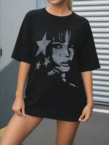 Envío gratis, entrega local enéxico, entrega en 4 días. Camiseta casual de verano para mujer de manga corta con estampado de estrella de cinco puntas y texto gráfico. - Negro - Ver 2