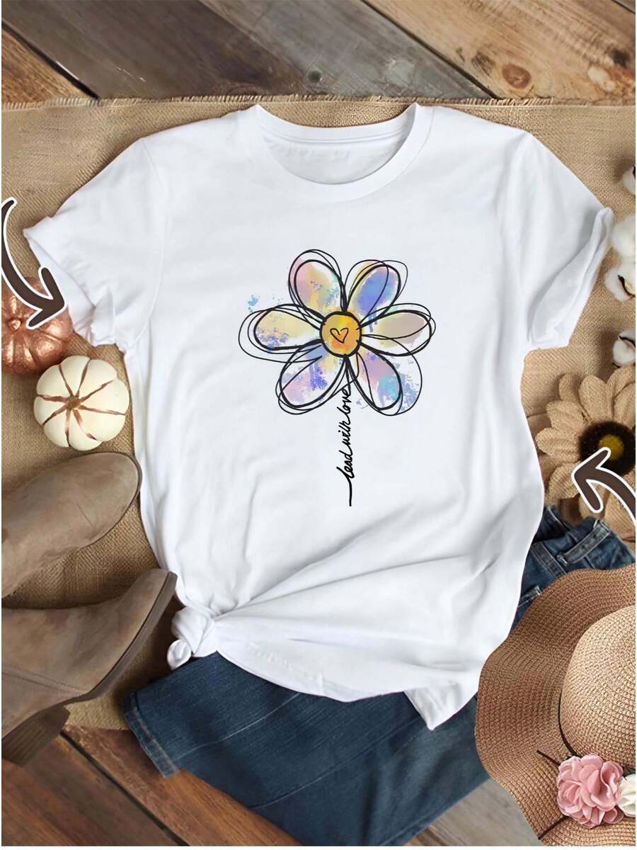 1 Unique Windmill Design T-Shirt, Pure White Round Neck T-Shirt, Couple's Clothing, Suitable For Valentine's Day And Anniversaries, Valentine's Day Gift, Unisex. - 白色 - 查看 1