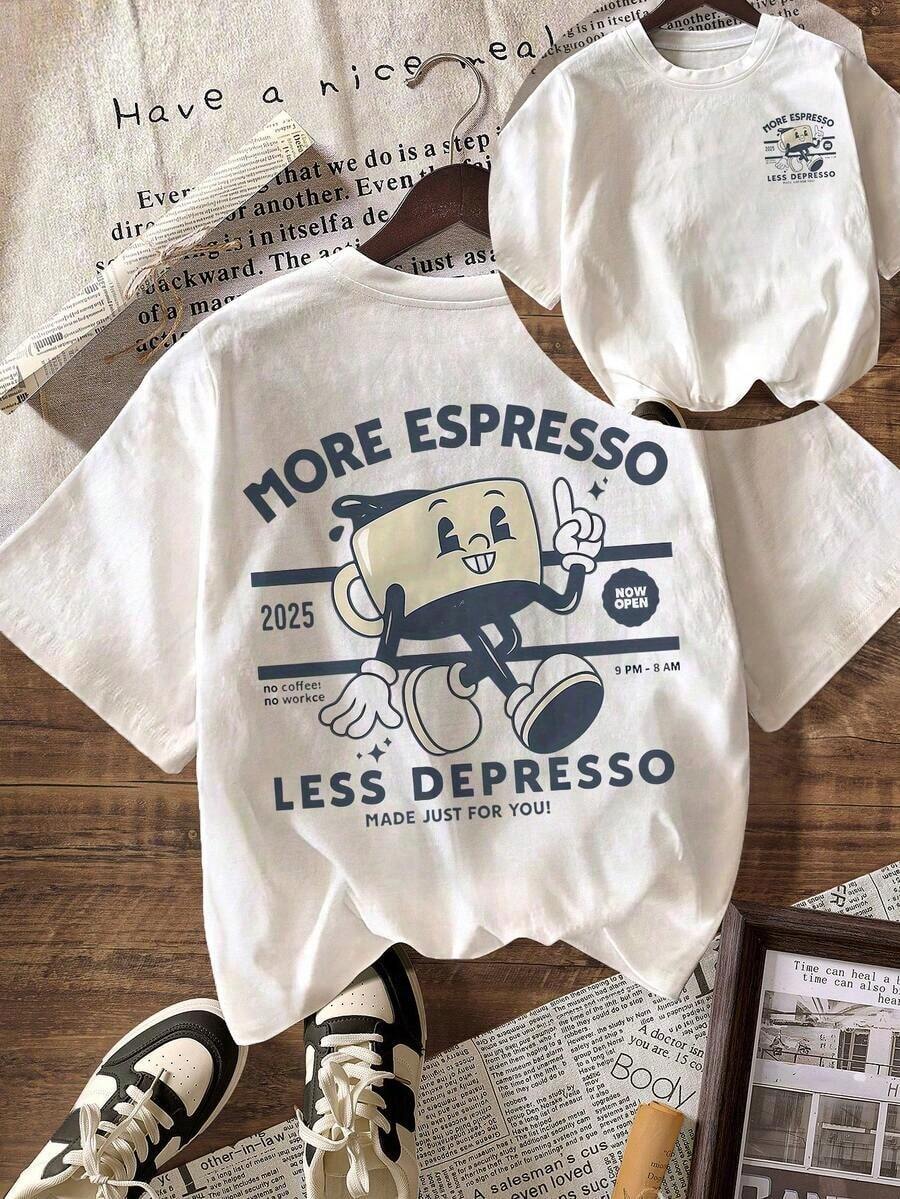 Camiseta de manga corta con cuello redondo y estampado gráfico de More Espresso Coffee Club para mujer, camiseta casual de verano, estilo unisex. - Blanco - Ver 1