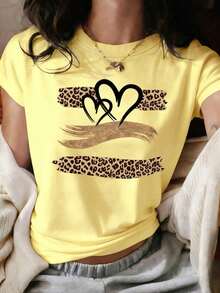 Camiseta de mujer de verano con cuello redondo, manga corta, estampado vintage de leopardo con diseño de corazón, para uso diario - Amarillo - Ver 8