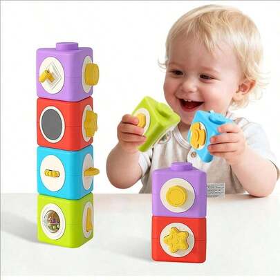 Baby Building Blocks Toy, Sensory Busy Board Toy, Montessori Active Cube, Early Education Sensory Learning Toy, Infant Cognitive Toy, Daily Play & Entertainment, Airplane Car Seat Travel Stress Relief Toy, Newborn Baby Boy Girl Gift (Random Color)