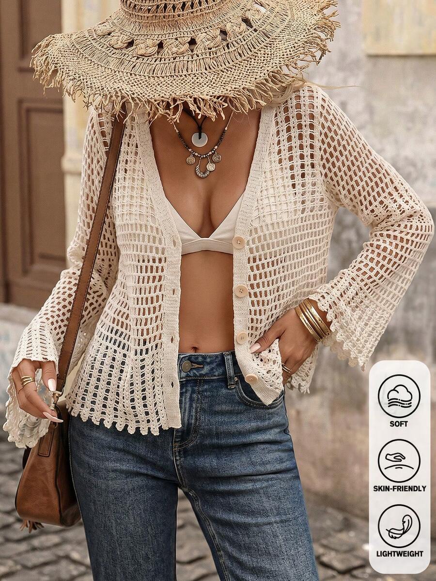 Bohemian Style V-Neck Plaid Hollow Out Ruffle Hem Cover Up - Summer Flare Sleeve Loose Sun Protection Shawl - Apricot - View 1