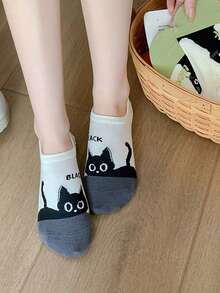 1/5 Đôi tất thuyền in hình mèo đen hoạt hình, tất thuyền ngắn chống trượt dễ thương, tất chống trượt vô hình dành cho nữ, kiểu dáng thường ngày năng động, quà tặng cho người yêu mèo, quà lưu niệm sinh nhật/ngày lễ (Chỉ có tất, không có lót giày) - Nhiều màu - Xem 3