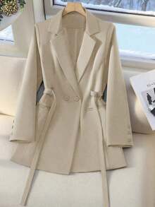 Chaqueta de traje de mujer con doble botonadura y cordones en color marrón, abrigo delgado y de longitud media para ir al trabajo, tela suave y elegante, prenda exterior casual elegante para mujeres de 25 a 45 años en primavera - Albaricoque - Ver 3