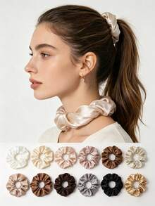 12pcs/1pc Women's 10cm/3.9in High-Quality Silky Satin Black, White, Khaki, Brown Hair Scrunchies, Fashionable Versatile Elegant Minimalist Solid Color Hair Ties, Suitable For Daily Wear, Casual, Party, Commute, Beach, Bun, Ponytail, Face Washing, Makeup, Outfit Accessory Elastic Hair Ties - Multicolor - View 6