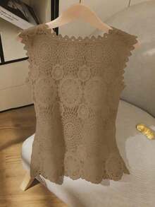 Camiseta de mujer de encaje a ganchillo, diseño de blusa elegante y de moda sin mangas, estilizadora - Caqui - Ver 2