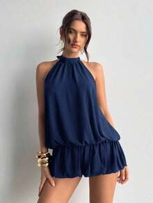 KIMW  Vestido casual de verano para mujer con cuello halter, unicolor y volantes en el bajo - Azul marino - Ver 2