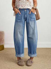 Women's Button Waist Design Pocket Tapered Casual Jeans - Café integral - Ver 8