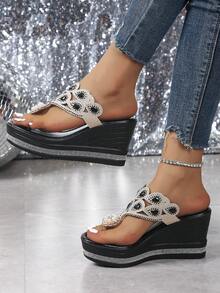 Sandal Wanita Model Wedges Hak Tebal dengan Sol Tebal, Dekorasi Mutiara & Rhinestone, Sandal Selop Motif Bunga, Gaya Kasual Minimalis untuk Perjalanan Musim Semi/Panas - Semuanya hitam - View 4