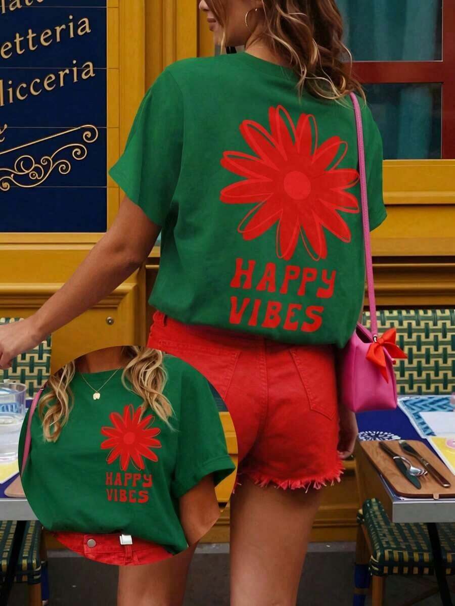 LUNE Camiseta con estampado de retrato, top casual de cuello redondo de manga corta, ropa de mujer para primavera y verano, conjuntos de ropa de vacaciones para mujer, atuendos de verano para mujer, camiseta gráfica para mujer, pantalones cortos de verano para mujer, atuendos casuales para mujer, blusas de verano para mujer, conjuntos de ropa de vacaciones para mujer, camiseta gráfica para mujer, atuendos de vacaciones para mujer - Verde 6 - Ver 1