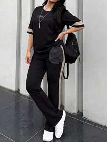 2 piezas Conjunto de camiseta de manga corta de cuello redondo y pantalones sueltos de cintura elástica para mujer, para uso diario casual y elegante en primavera/otoño - Negro + Albaricoque - Ver 5