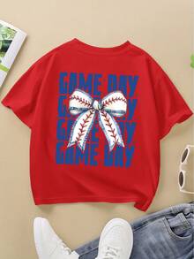 Girls' Short-Sleeved T-Shirt With Baseball Bow Print, A Versatile Everyday Garment, A Comfortable Basic Cotton T-Shirt With A Round Neck, Machine Washable, Suitable - Pink - View 7