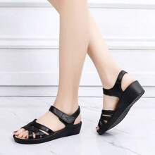 Women's Summer Sandals - Casual Solid Color, Breathable Hollow-Out Design, Hook And Loop Closure, Flat Heel Beach Shoes, Multifunctional Flat Sandals | Comfortable Fit - Black - View 6
