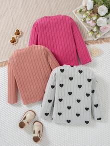 3pcs/Set Girls Heart Embroidery Decor Round Neck Long Sleeve T-Shirt Casual Tops, Spring & Autumn - Hot Pink - View 2