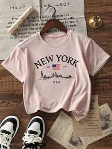 Camiseta de mujer de verano de ajuste holgado con cuello redondo y manga corta, con estampado de eslogan simple, estilo casual de vacaciones. Blusa de moda apta para uso diario y de vacaciones. - Rosa - Ver 4
